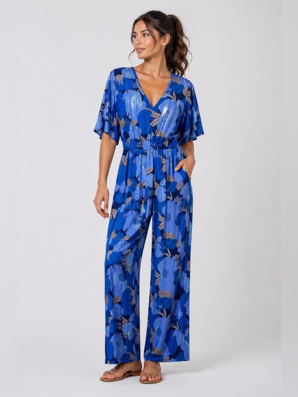 Nikki Nikki Poulos Large Blue Shimmer Jersey Knit Long Jumpsuit with Stretch